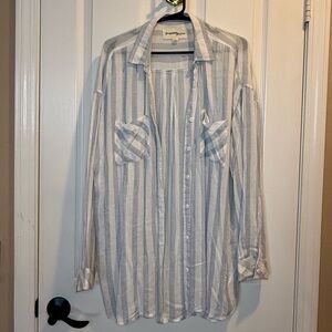 Young Hearts Blue and White Striped Sheer Button Down Oversized Shirt Size L